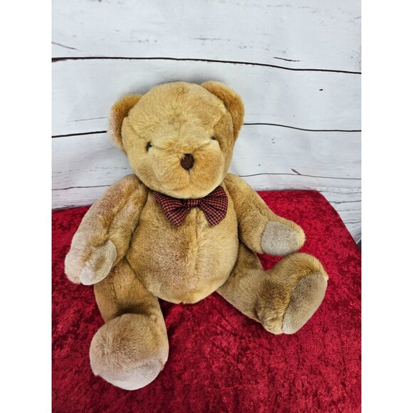 Vintage Walmart Brown Jointed Teddy Bear Plush Stuffed Animal Toy Red‎ Plaid Bow - Picture 8 of 8